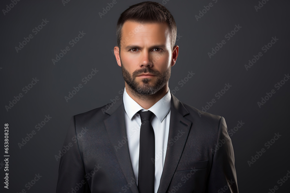 Portrait of businessman standing on grey background, generative ai Portrait of businessman standing on grey background, generative ai