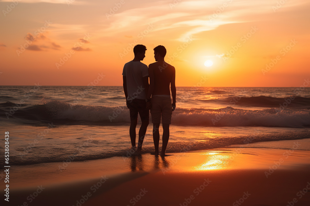 Romantic young gay couple at the beach, generative ai 