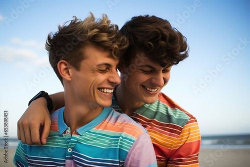 Romantic young gay couple at the beach, generative ai 