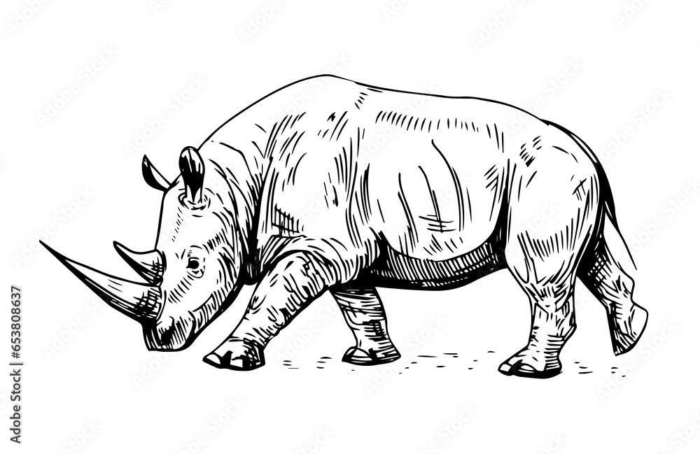 Fototapeta premium Rhinoceros vector sketch. Hand drawn illustration on transparent background