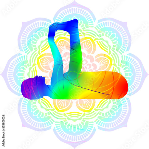 Colorful silhouette yoga posture. Happy Baby pose or Blissful Baby pose. Dead Bug posture. Ananda Balasana. Supine and Balancing. Isolated vector illustration. Mandala background.