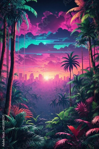 A Dense Tropical Forest With Synthwave Aesthetic Scenes From A Panoramic Point Of View. 