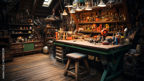 vintage wooden table in workshop with tools photo