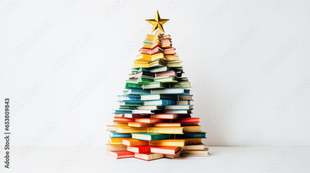 Christmas tree made from pile of books. Colorful Books in the form of christmas tree on white background. Creative Chirstmas background in minimalist style. Holiday book sale, Christmas reading. Christmas tree made from pile of books. Colorful Books in the form of christmas tree on white background. Creative Chirstmas background in minimalist style. Holiday book sale, Christmas reading.