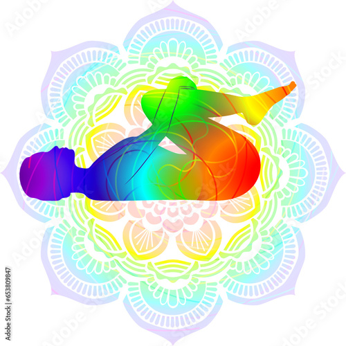 Colorful silhouette yoga posture. Wind Removing pose or Wind Relieving pose. Supine Knees to Chest posture. Pavanamuktasana or Apanasana. Supine. Isolated vector illustration. Mandala background. photo