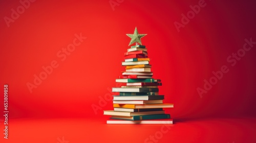 Christmas tree made from pile of books. Colorful Books in the form of christmas tree on red background. Creative Chirstmas background in minimalist style. Holiday book sale, Christmas reading.