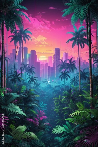 A Dense Tropical Forest With Synthwave Aesthetic Scenes From A Panoramic Point Of View.  © Evolved Design