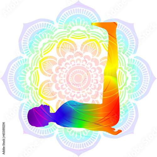 Colorful silhouette yoga posture. Waterfall pose or Legs Up the Wall position or Supine Staff pose. Supta Dandasana or Viparita Karani. Balancing. Isolated vector illustration. Mandala background.