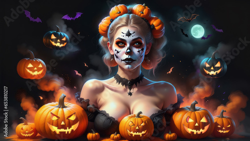 Attraktive junge Frau in Hexen-, Karnevalskostüm, geschminkt hat Spaß an Halloween, Halloweenparty, Halloweenbackground, ki-generiert