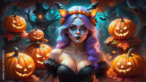 Attraktive junge Frau in Hexen-, Karnevalskostüm, geschminkt hat Spaß an Halloween, Halloweenparty, Halloweenbackground, ki-generiert