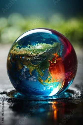 Earth Inside A Water Drop, Vibrant Colours, Volumetric Light,  sharp focus, studio photo, intricate details, highly detailed.  © Evolved Design