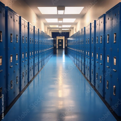 Nostalgic Hallway of a School with Blue Lockers & Fluorescent Lights - Recollecting High School Days & Adolescence. Generative AI.