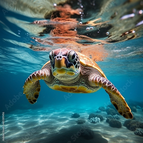 Close-Up of a Colorful Green Sea Turtle Swimming Underwater Towards You in its Natural Habitat, Surrounded by Coral and Sand. Generative AI.