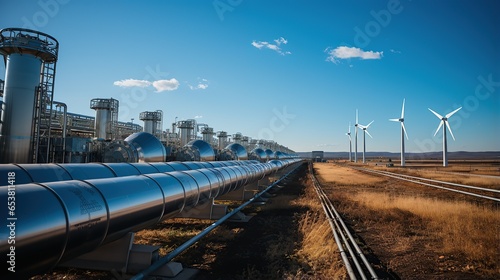 A hydrogen pipeline with wind turbines. Renewable industry from wind turbine facilities.