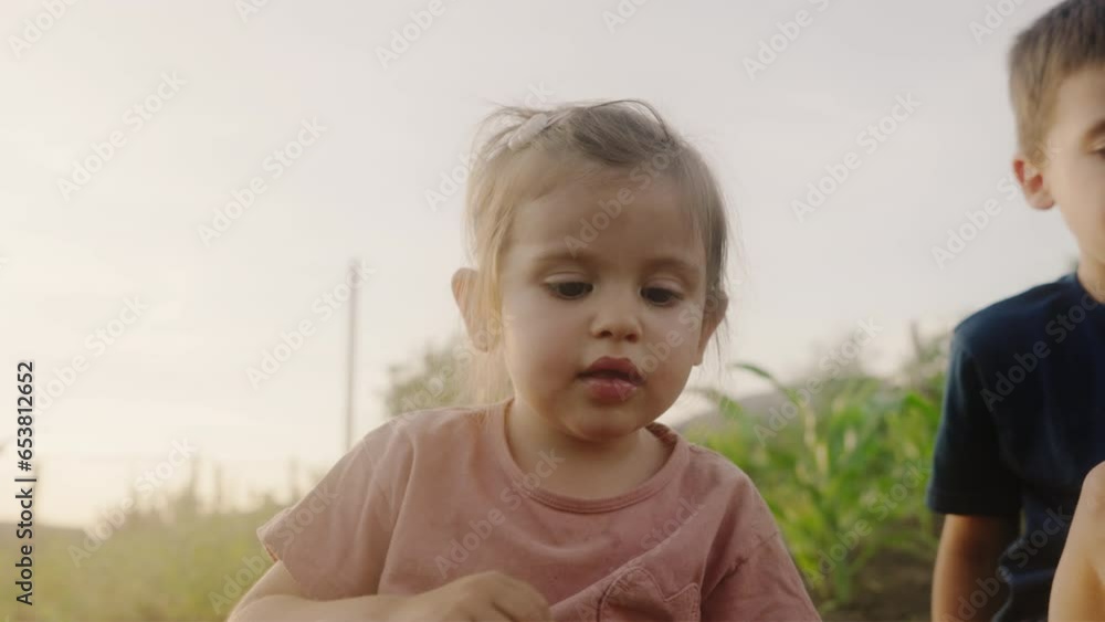 Two happy kids brother and sister sitting in a corn-field, playing in the ground. High quality video. Portrait of a brother and sister in the countryside. Two happy kids brother and sister sitting in a corn-field, playing in the ground. High quality video. Portrait of a brother and sister in the countryside.