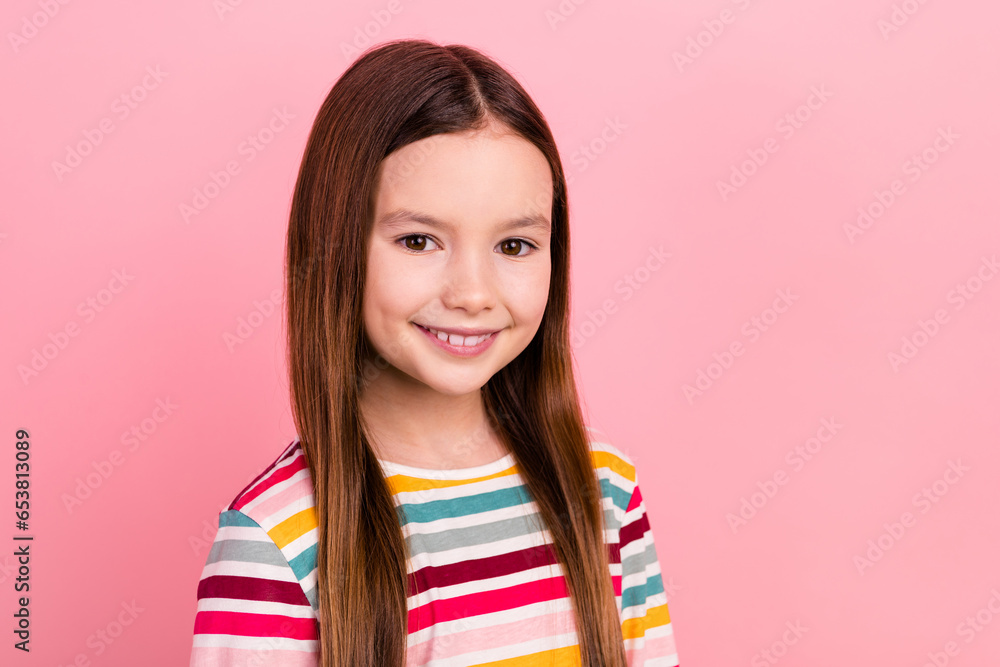 Closeup portrait of person small child girl toothy smile new stomatology advertisement billboard template isolated on pink color background Closeup portrait of person small child girl toothy smile new stomatology advertisement billboard template isolated on pink color background