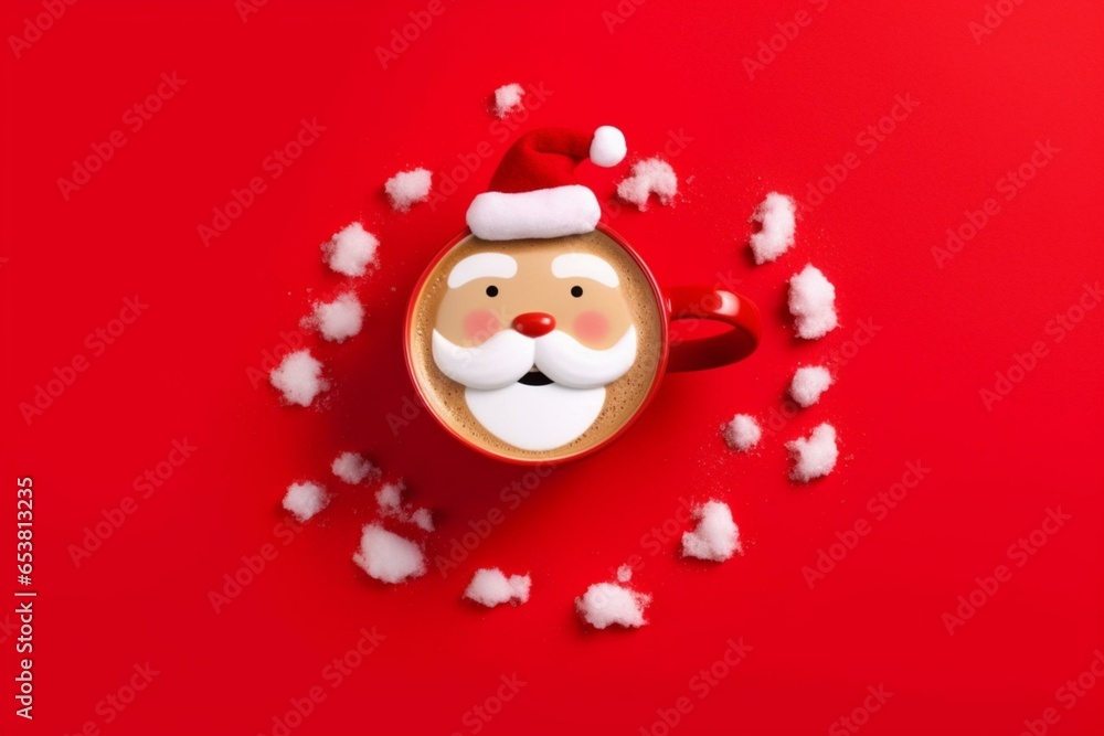 Festive red background with a coffee cup resembling Santa Claus, featuring a white sugar beard - perfect for holiday and new year decorations. Generative AI