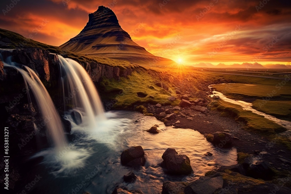 Icelandic mountain with sunset waterfalls. Generative AI