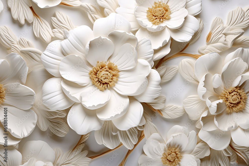 3D ultra realistic white floral flowers background repeating pattern created with Generative Ai