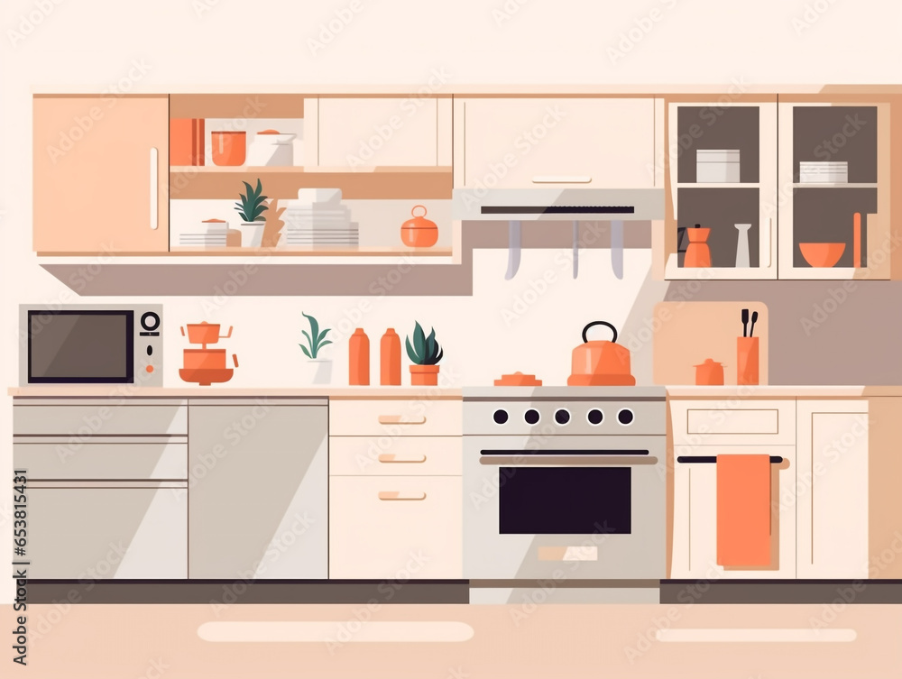 Illustration elevation of modern design kitchen cabinet equipped with kitchen tools. Using bright colors to give a cheerful mood. Illustration elevation of modern design kitchen cabinet equipped with kitchen tools. Using bright colors to give a cheerful mood.
