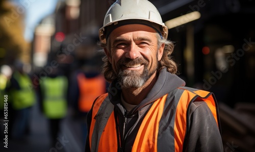 Portrait of smiling worker man in helmet. Male engineer wearing safety vest and hard hat standing in manufacturing or construction site. Positive emotion good job.