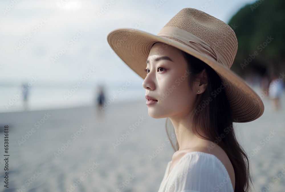 Tranquil Beach Beauty: An Asian Woman in a White Dress and Straw Hat Contemplates the Horizon, ai generative