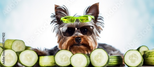 Yorkshire terrier relaxing at spa with cool cucumber eye treatment