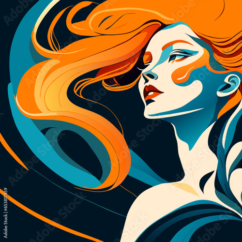 Beautiful girl with long red hair fluttering in the wind. A beautiful young woman with a long neck and delicate white skin.