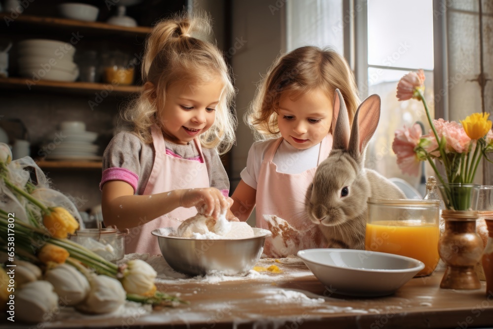 Children are enthusiastically preparing a beautiful, delicious Easter cake. Children are enthusiastically preparing a beautiful, delicious Easter cake.