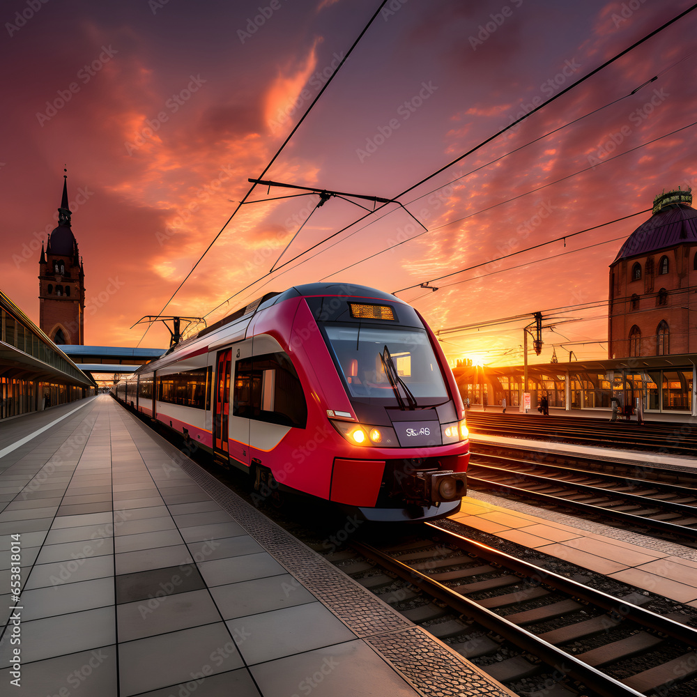 Beautiful railway station with modern red commuter train at colorful sunset in nuremberg , germany. Beautiful railway station with modern red commuter train at colorful sunset in nuremberg , germany.