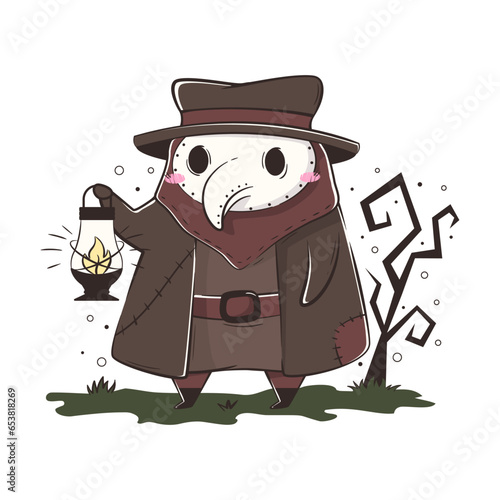 Cute kawaii plague doctor stands with an oil lamp