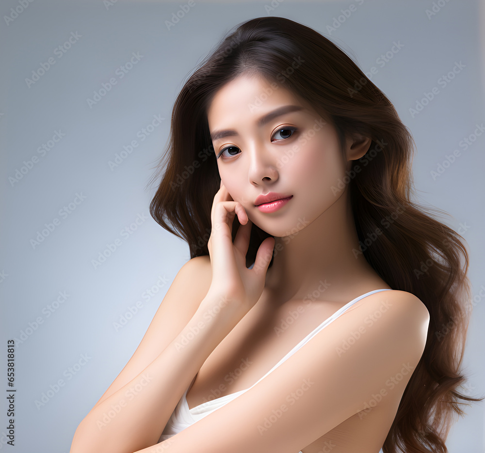 Beautiful young Asian woman, white, smooth, clean face. Studio atmosphere, advertising concept for cosmetics, spa, beauty clinic, Generative AI Beautiful young Asian woman, white, smooth, clean face. Studio atmosphere, advertising concept for cosmetics, spa, beauty clinic, Generative AI