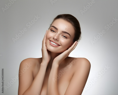 Beautiful young woman, white, smooth, clean face. Studio atmosphere, advertising concept for cosmetics, spa, beauty clinic, Generative AI