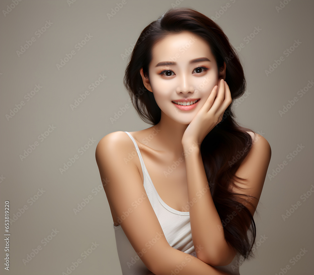 Beautiful young Asian woman, white, smooth, clean face. Studio atmosphere, advertising concept for cosmetics, spa, beauty clinic, Generative AI Beautiful young Asian woman, white, smooth, clean face. Studio atmosphere, advertising concept for cosmetics, spa, beauty clinic, Generative AI