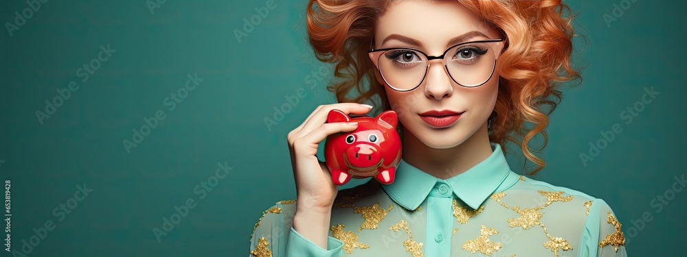 Smart girl in glasses with a piggy bank showing how to save money.  - obrazy, fototapety, plakaty 