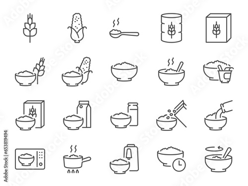 Breakfast icon set. It included oatmeal, meal, cornflake, congee, and more icons. Editable Vector Stroke.