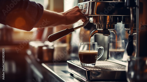 male barista preparing coffee on an espresso machine in a cafe, horizontal format. Generative Ai