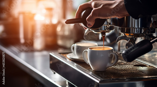 male barista makes coffee in an espresso machine in a bar  restaurant or cafeteria. Generative Ai
