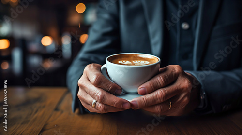 male worker relaxes from work drinks aromatic coffee in the cafeteria. Generative Ai