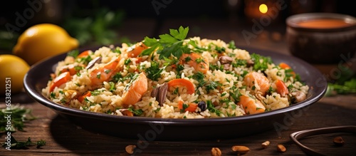 Seafood cous cous with vegetables and herbs