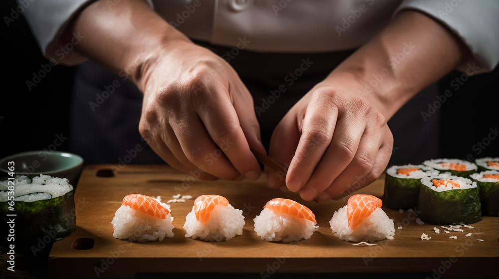 Japanese chef makes salmon and tuna sushi close-up. Generative Ai