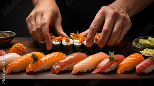 Japanese chef makes sushi and rolls from salmon and tuna. close-up. horizontal. Generative Ai