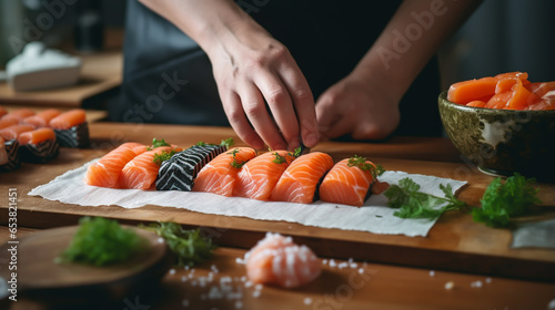 Japanese chef makes salmon sushi with his hands. close-up. horizontal format. Generative Ai