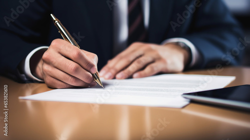 honest businessman Companion signs the contract and puts his signature on the document. horizontal format