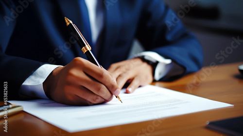 businessman companion signs a contract or agreement and puts his signature on the document. horizontal format. Generative Ai