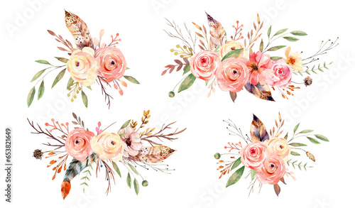 Watercolor Bouquets Collection with hand painted delicate leaves, pink flowers, roses, feathers Romantic boho floral arrangements perfect for wedding greeting cards, invitation, set