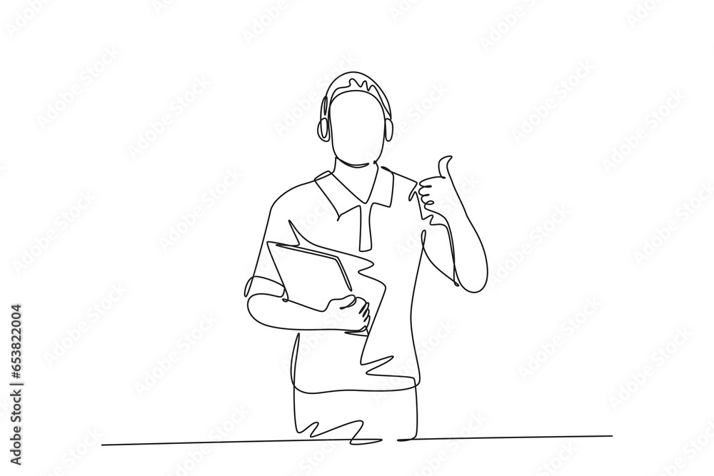 Single continuous line drawing young happy field project manager wearing headset and carrying clipboard while working. Field manager work life concept. One line draw graphic design vector illustration Single continuous line drawing young happy field project manager wearing headset and carrying clipboard while working. Field manager work life concept. One line draw graphic design vector illustration