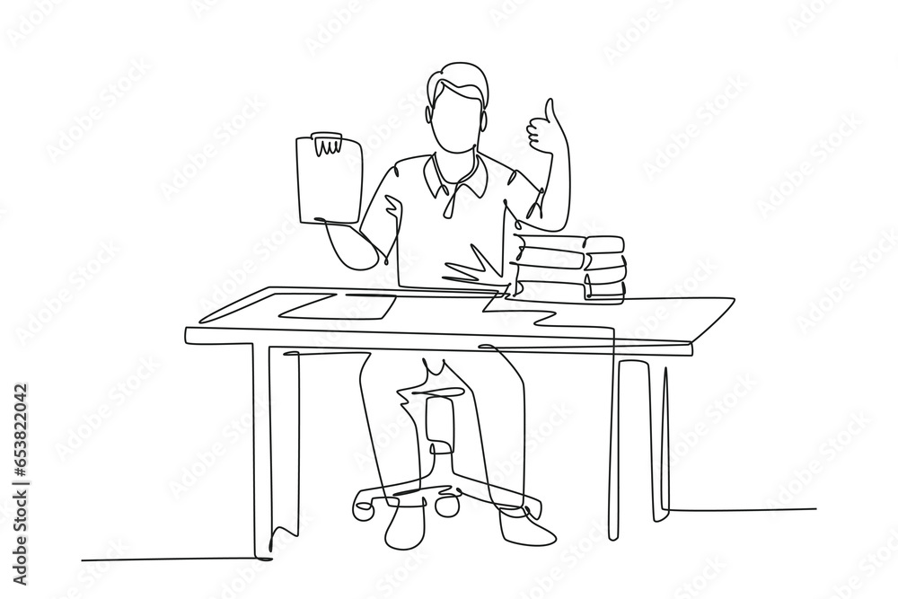 Single continuous line drawing young happy businessman show clipboard containing business contract and giving thumbs up gesture. Business deal concept. One line draw graphic design vector illustration