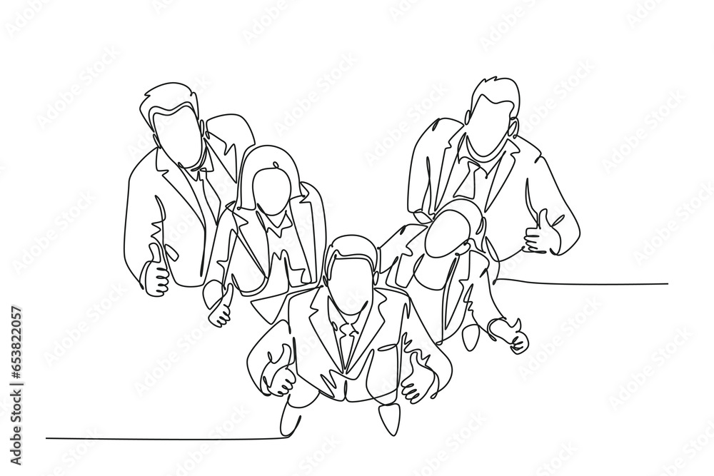 Single continuous line drawing group of line up young businessmen and businesswoman standing together giving thumbs up gesture or pose from top view. One line draw graphic design vector illustration Single continuous line drawing group of line up young businessmen and businesswoman standing together giving thumbs up gesture or pose from top view. One line draw graphic design vector illustration