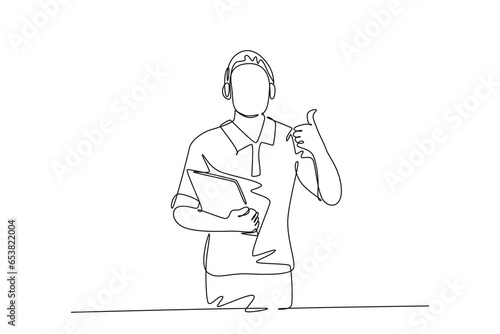 Single continuous line drawing young happy field project manager wearing headset and carrying clipboard while working. Field manager work life concept. One line draw graphic design vector illustration